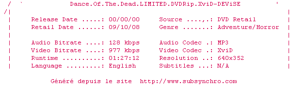 Nfo de la release Dance.Of.The.Dead.LIMITED.DVDRip.XviD-DEViSE