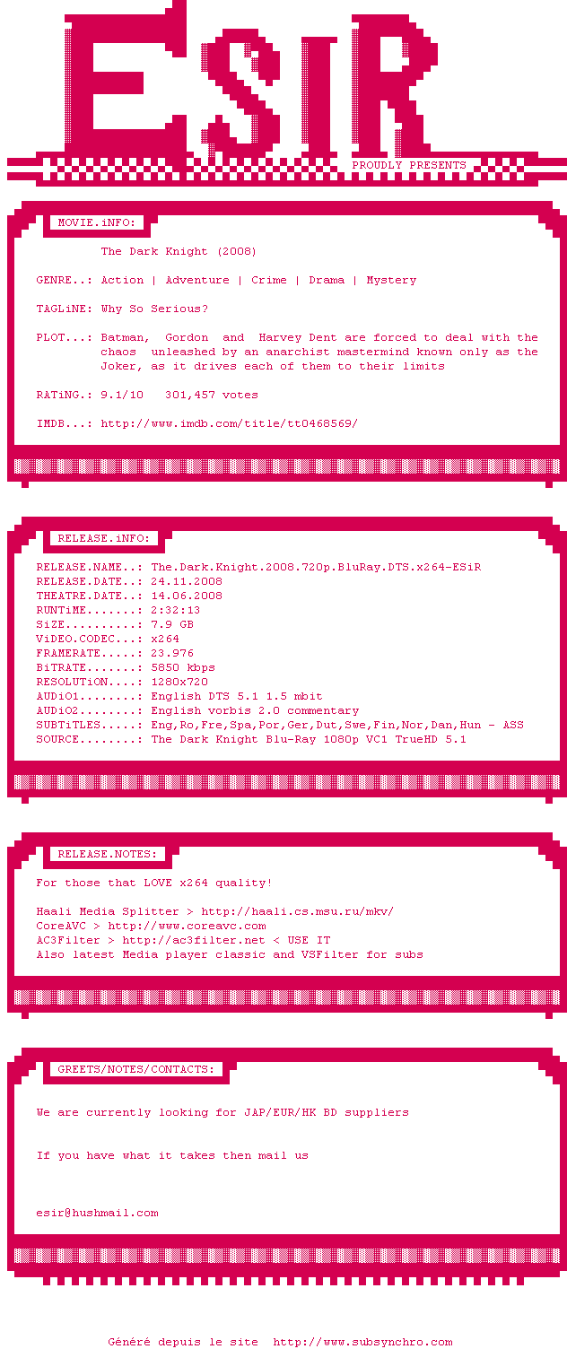 Nfo de la release The.Dark.Knight.2008.720p.BluRay.DTS.x264-ESiR
