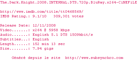 Nfo de la release The.Dark.Knight.2008.INTERNAL.DTS.720p.BluRay.x264-CiNEFiLE