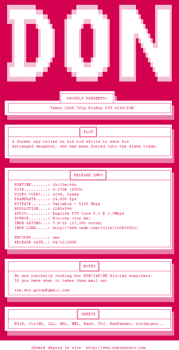 Nfo de la release Taken.2008.720p.BluRay.DTS.x264-DON