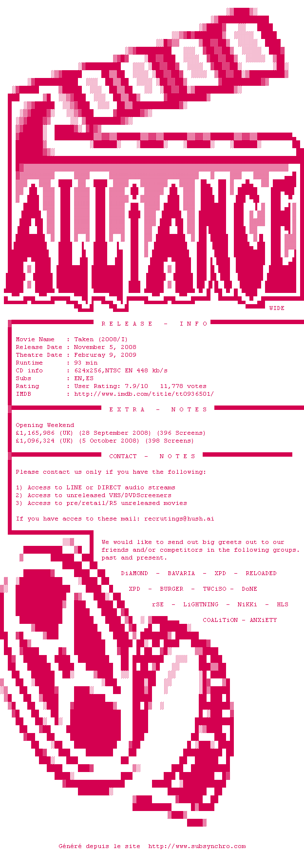 Nfo de la release Taken.DVDRip.XviD-ALLiANCE