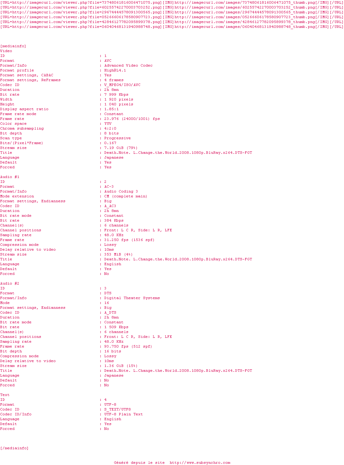 Nfo de la release Death.Note.L.Change.The.World.2008.1080p.BluRay.x264.DTS-FGT