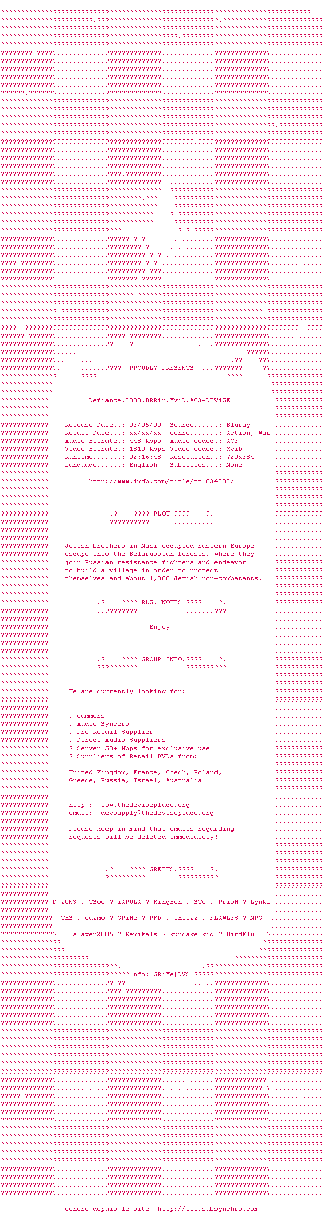 Nfo de la release Defiance.2008.BRRip.XviD.AC3-DEViSE