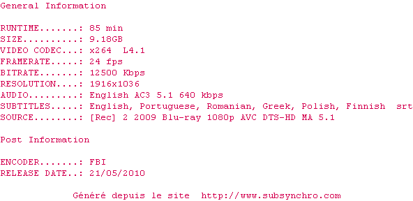 Nfo de la release REC.2.2009.1080p.BluRay.DD5.1.x264-FBI
