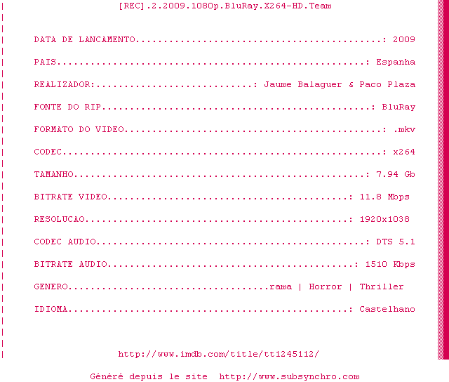 Nfo de la release REC.2.2009.1080p.BluRay.X264-HD-Team