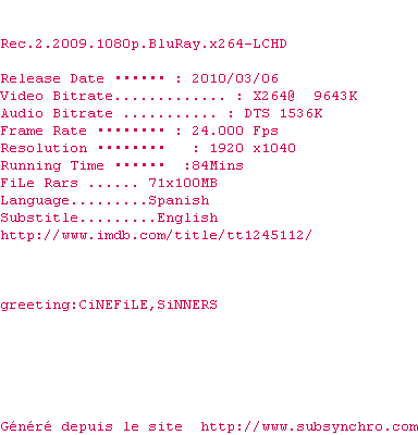 Nfo de la release Rec.2.2009.1080p.BluRay.x264-LCHD