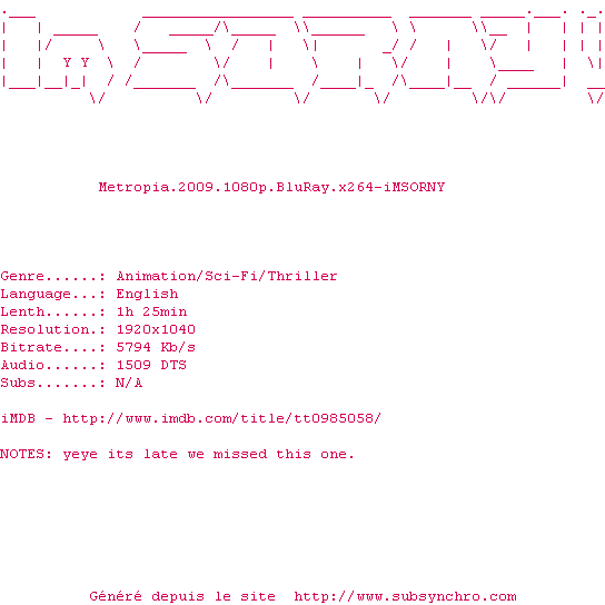 Nfo de la release Metropia.2009.1080p.BluRay.x264-iMSORNY