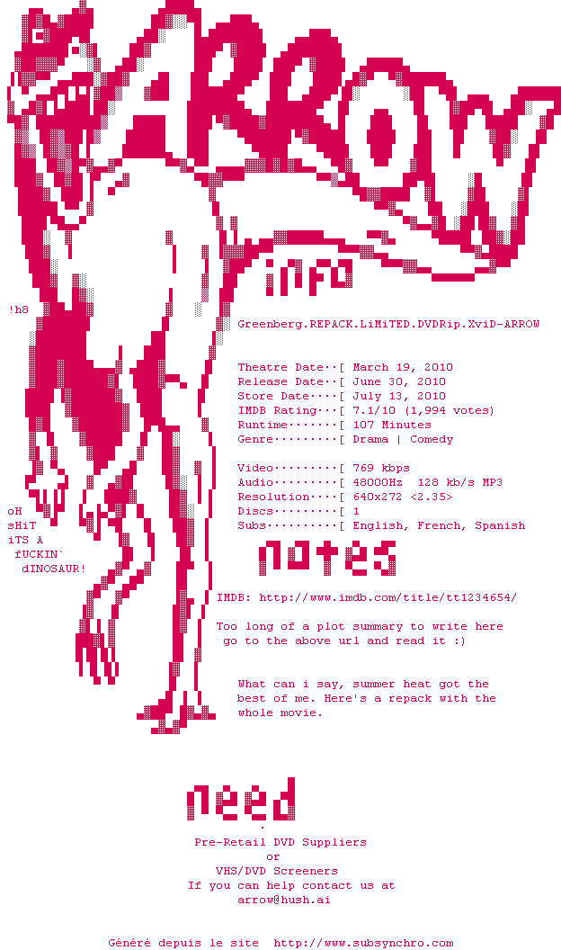 Nfo de la release Greenberg.REPACK.LiMiTED.DVDRip.XviD-ARROW