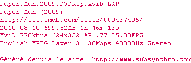 Nfo de la release Paper.Man.2009.DVDRip.XviD-LAP