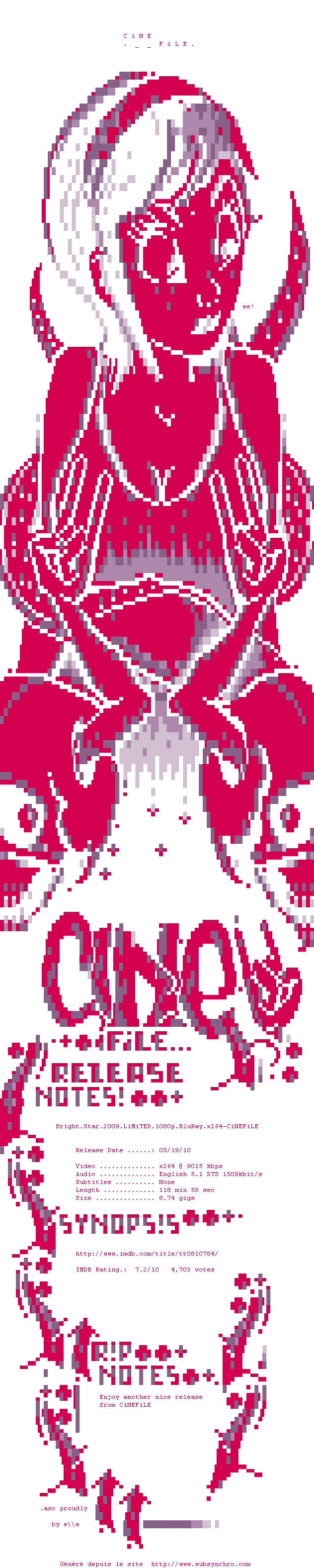 Nfo de la release Bright.Star.2009.LiMiTED.1080p.BluRay.x264-CiNEFiLE