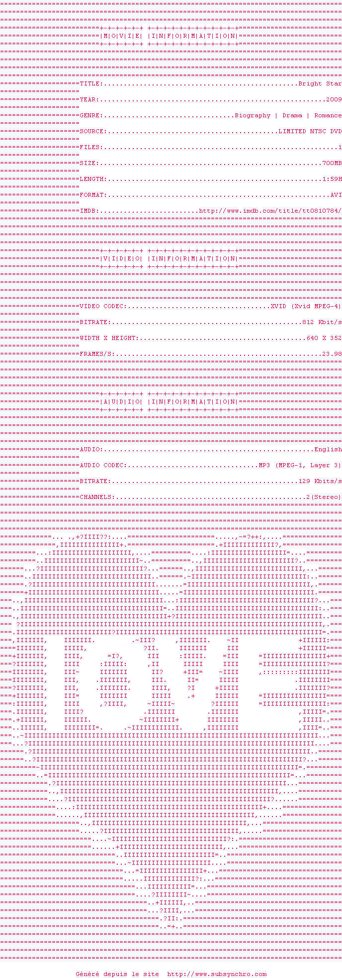 Nfo de la release Bright.Star.2009.LIMITED.DVDRip.XVID-lOVE