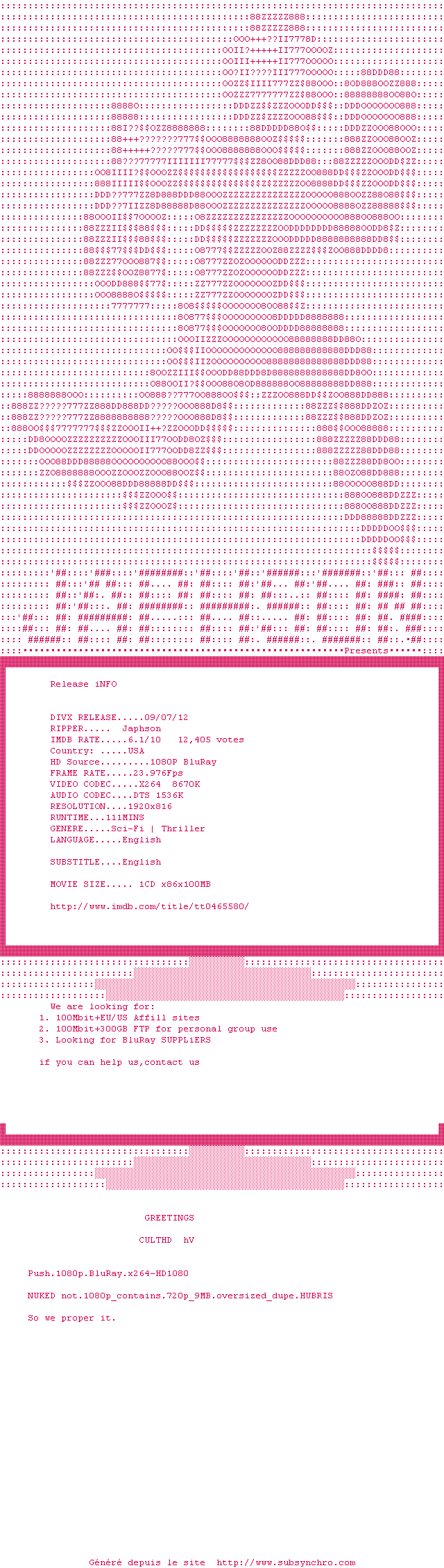 Nfo de la release Push.2009.PROPER.1080p.BluRay.x264-Japhson