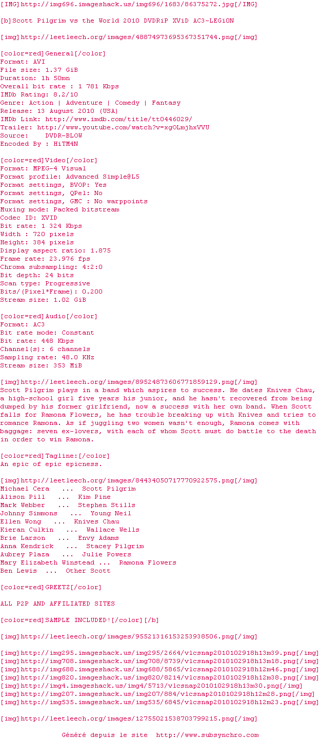 Nfo de la release Scott.Pilgrim.vs.the.World.2010.DVDRiP.XViD.AC3-LEGi0N