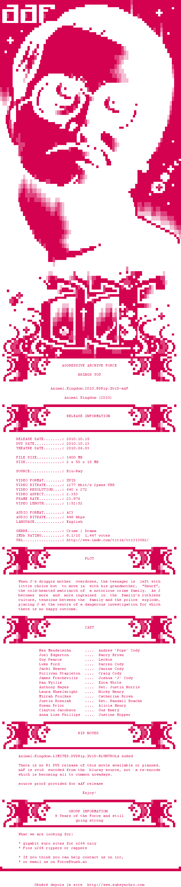 Nfo de la release Animal.Kingdom.2010.PROPER.BDRip.XviD-aAF