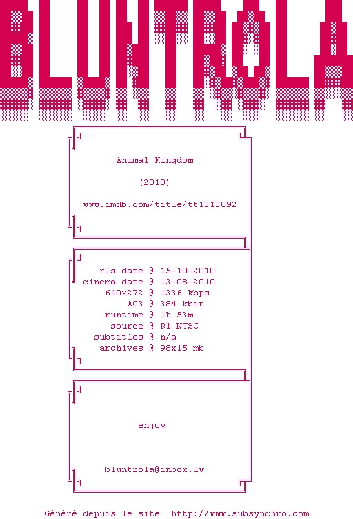 Nfo de la release Animal.Kingdom.LIMITED.DVDRip.XviD-BLUNTROLA