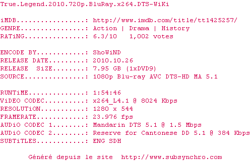 Nfo de la release True.Legend.2010.720p.BluRay.x264.DTS-WiKi
