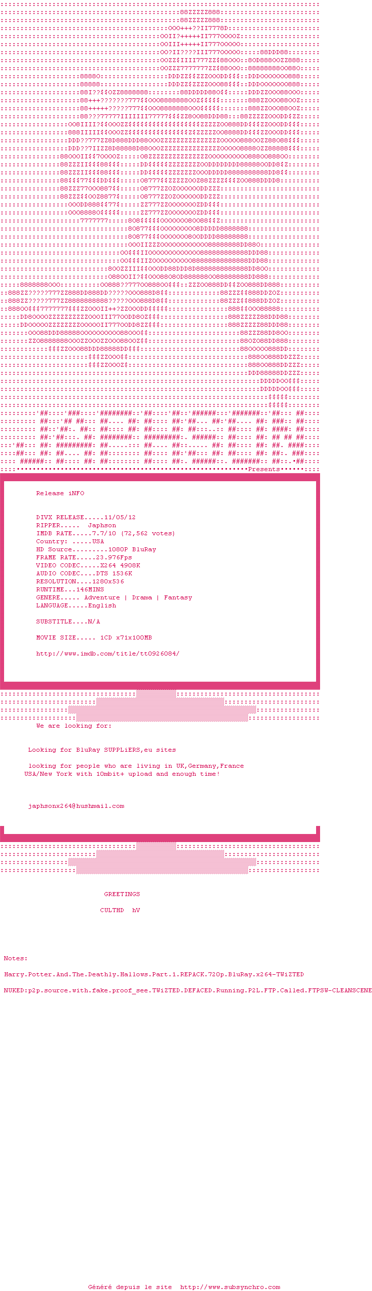 Nfo de la release Harry.Potter.And.The.Deathly.Hallows.Part.1.2010.PROPER.720p.BluRay.x264-Japhson