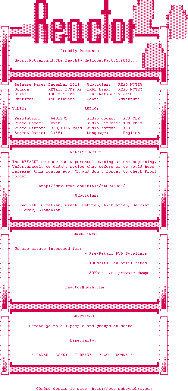 Nfo de la release Harry.Potter.And.The.Deathly.Hallows.Part.1.2010.PROPER.DVDRip.XviD-REACTOR