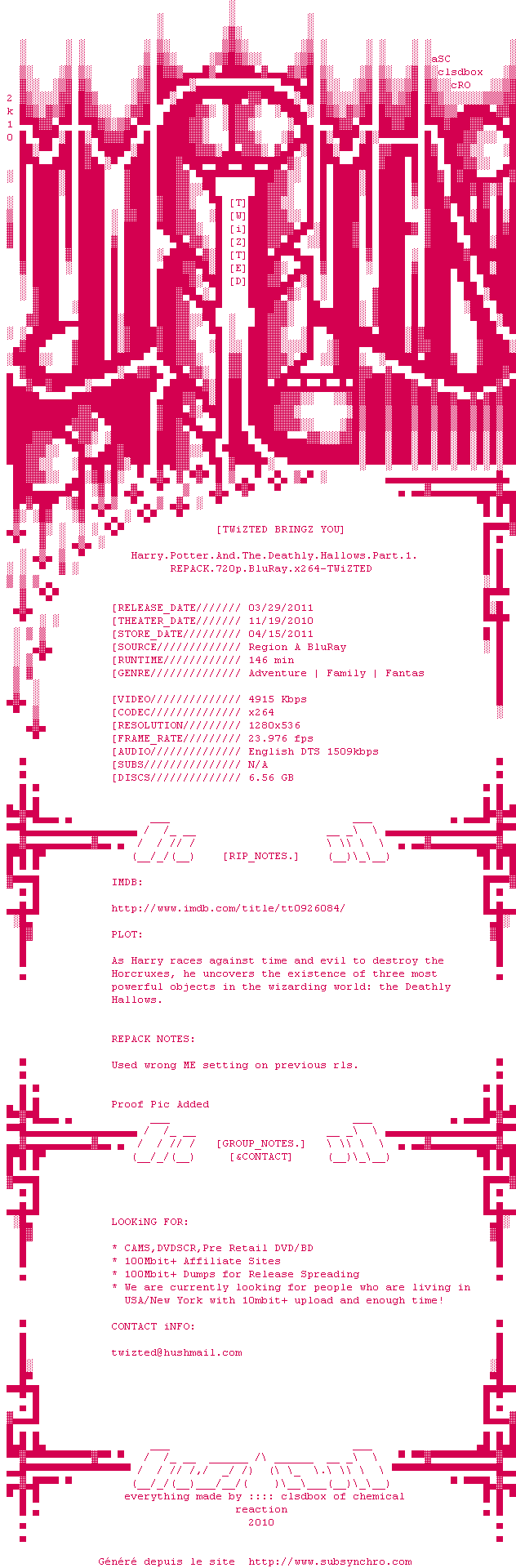 Nfo de la release Harry.Potter.And.The.Deathly.Hallows.Part.1.720p.BluRay.x264-TWiZTED