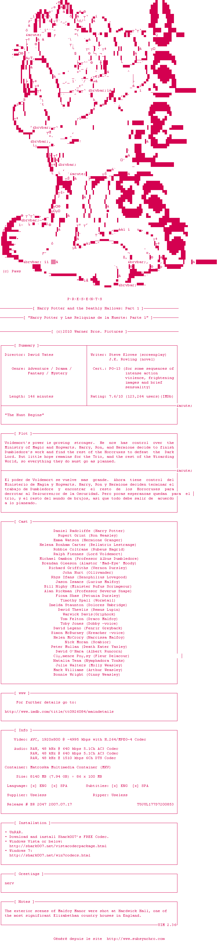 Nfo de la release Harry.Potter.and.the.Deathly.Hallows.Part.1.BDRip.x264.2010-USL