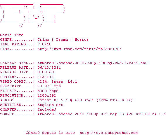 Nfo de la release Akmareul.boatda.2010.720p.BluRay.DD5.1.x264-EbP