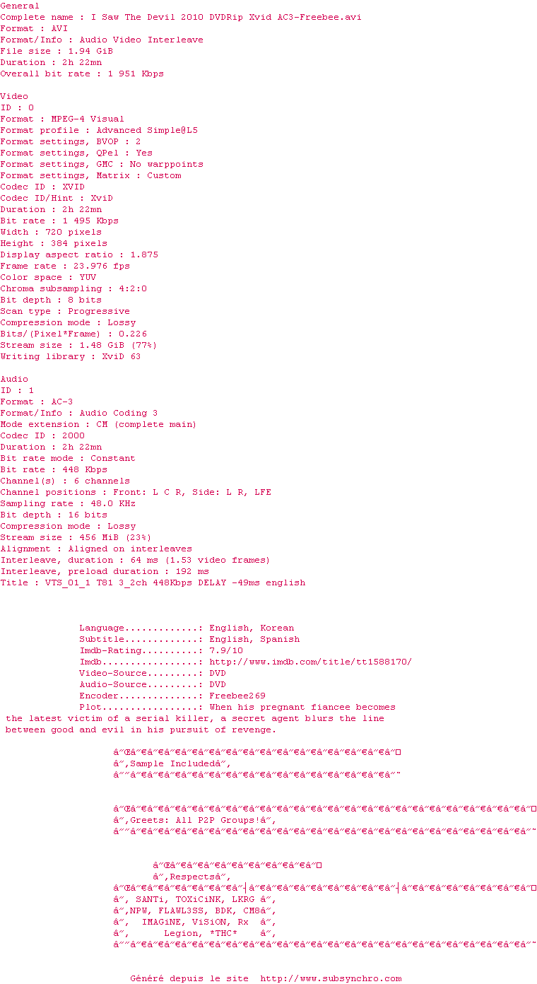 Nfo de la release I.Saw.The.Devil.2010.DVDRip.Xvid.AC3-Freebee