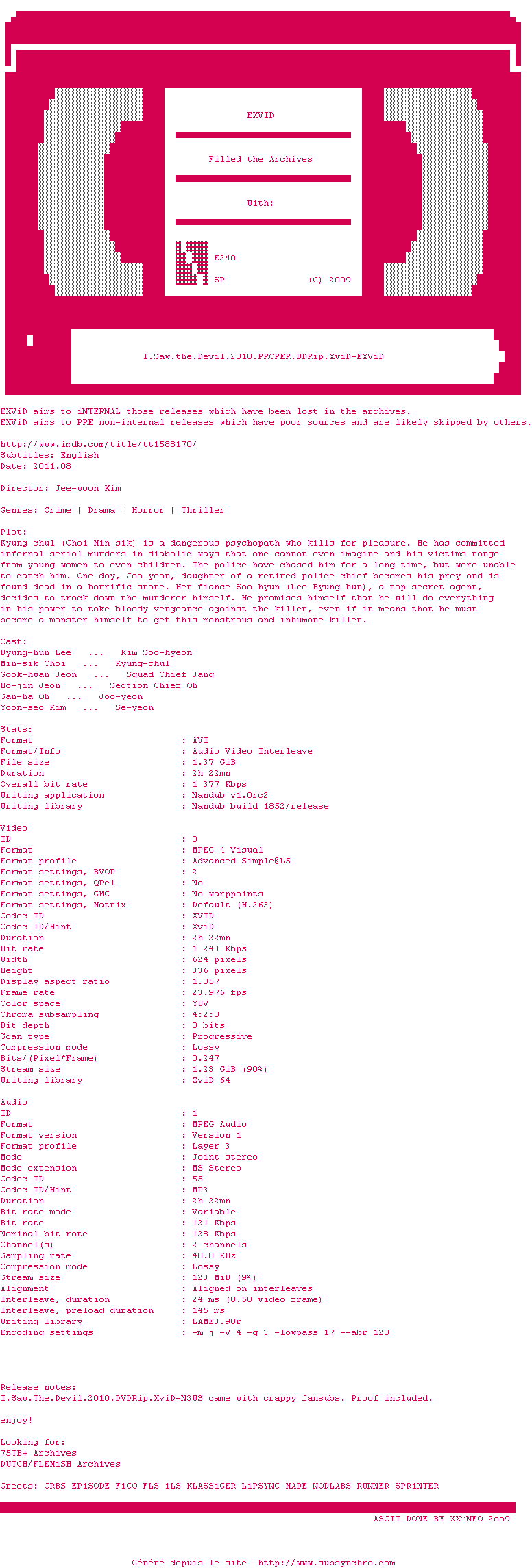 Nfo de la release I.Saw.The.Devil.2010.PROPER.BDRip.XviD-EXViD