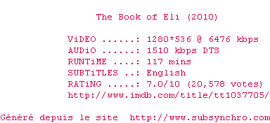Nfo de la release The.Book.of.Eli.2010.720p.BluRay.x264-METiS