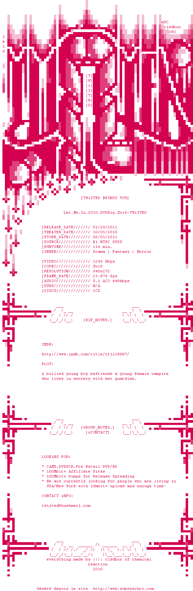 Nfo de la release Let.Me.In.2010.DVDRip.XviD-TWiZTED