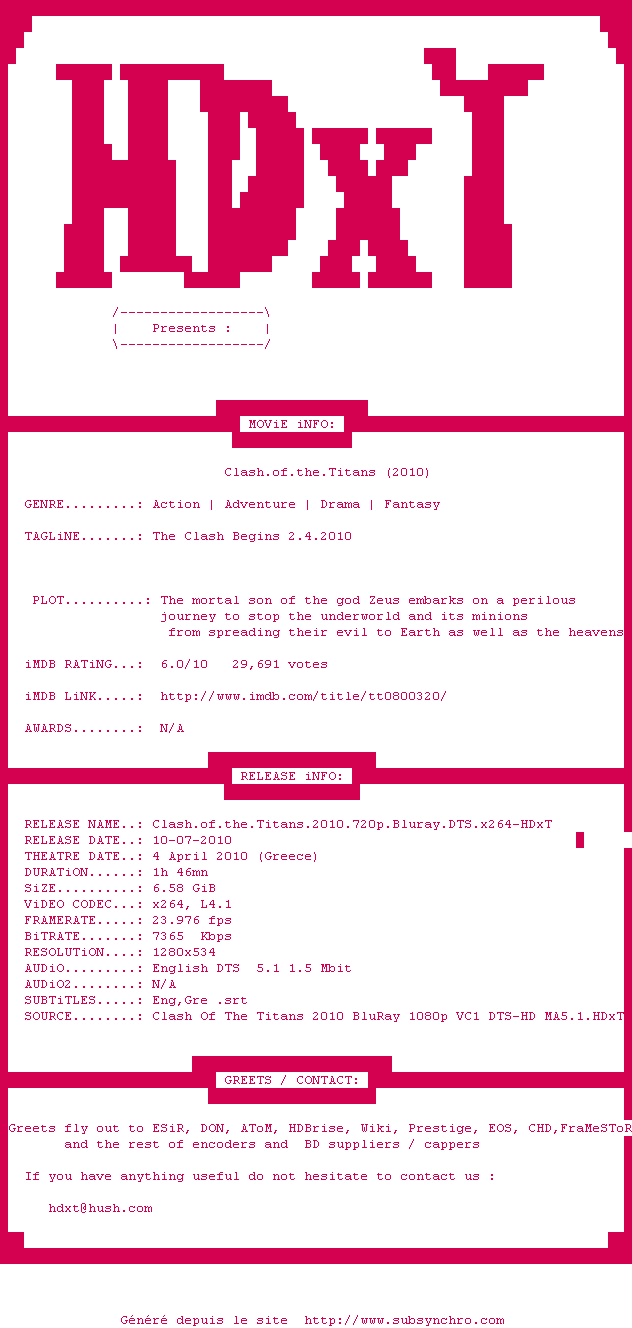 Nfo de la release Clash.of.the.Titans.2010.720p.Bluray.DTS.x264-HDxT