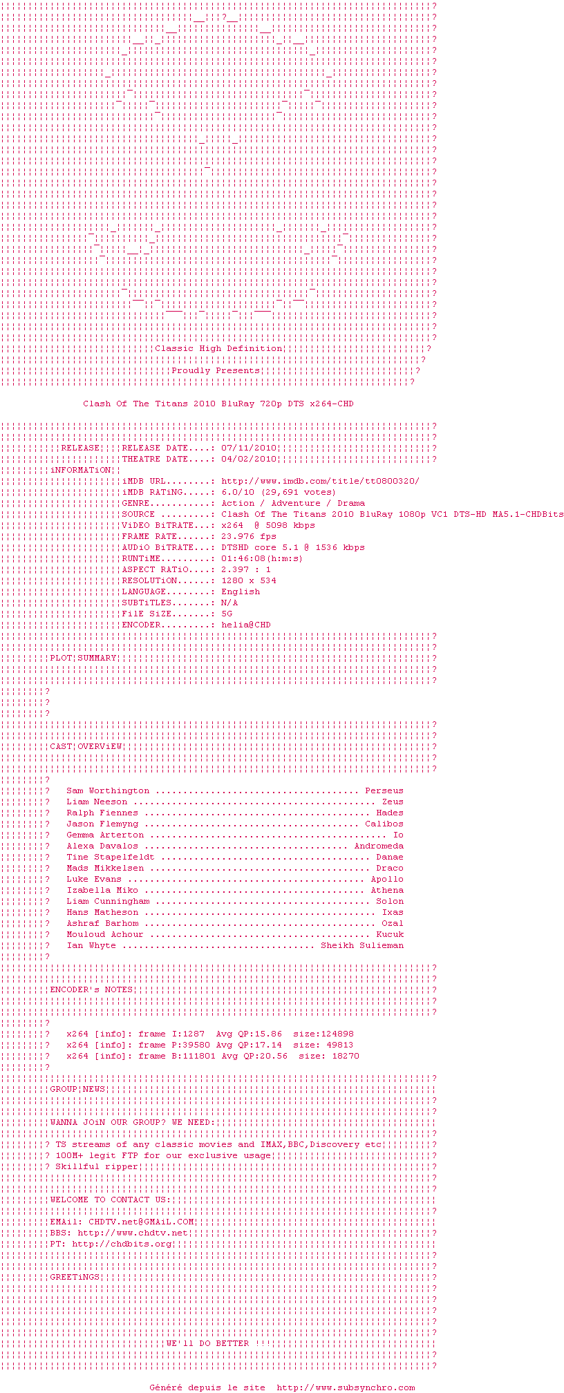 Nfo de la release Clash.of.the.Titans.2010.720p.BluRay.x264-CHD