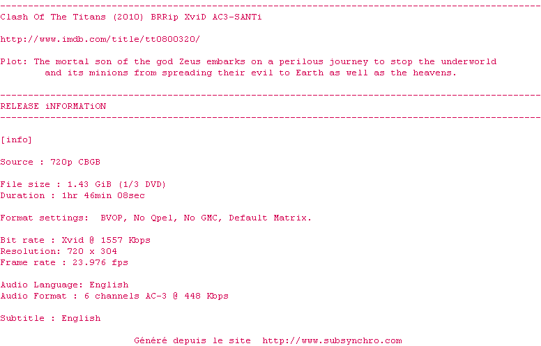 Nfo de la release Clash.Of.The.Titans.2010.BRRip.XviD.AC3-SANTi