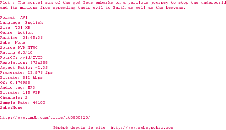 Nfo de la release Clash.Of.The.Titans.2010.DvdRip.Xvid-Noir