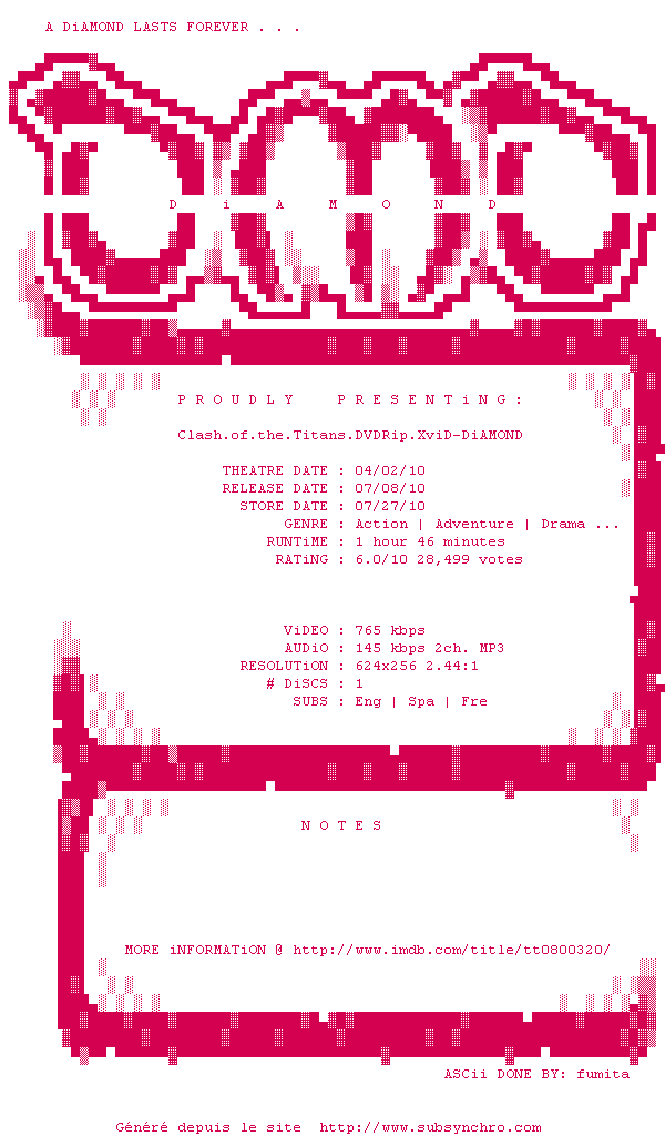 Nfo de la release Clash.of.the.Titans.DVDRip.XviD-DiAMOND