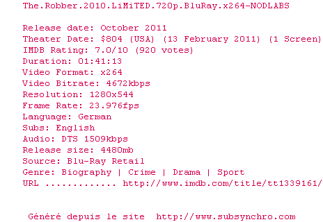 Nfo de la release The.Robber.2010.LiMiTED.720p.BluRay.x264-NODLABS