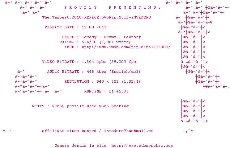 Nfo de la release The.Tempest.2010.REPACK.DVDRip.XviD-iNVADERS