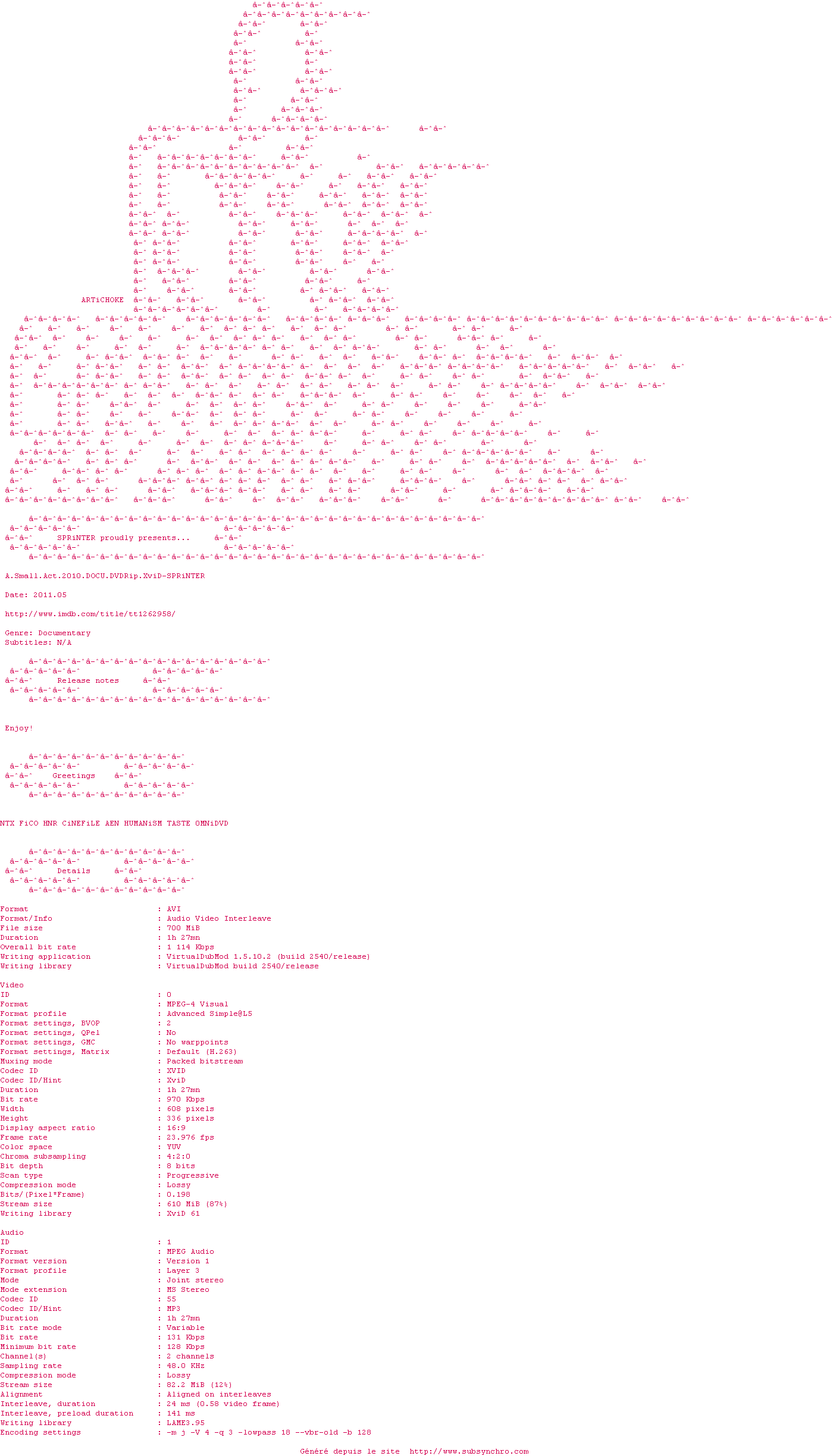 Nfo de la release A.Small.Act.2010.DOCU.DVDRip.XviD-SPRiNTER