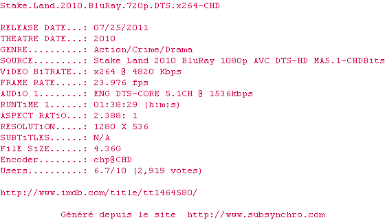 Nfo de la release Stake.Land.2010.BluRay.720p.DTS.x264-CHD