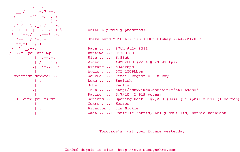Nfo de la release Stake.Land.2010.LIMITED.1080p.BluRay.X264-AMIABLE