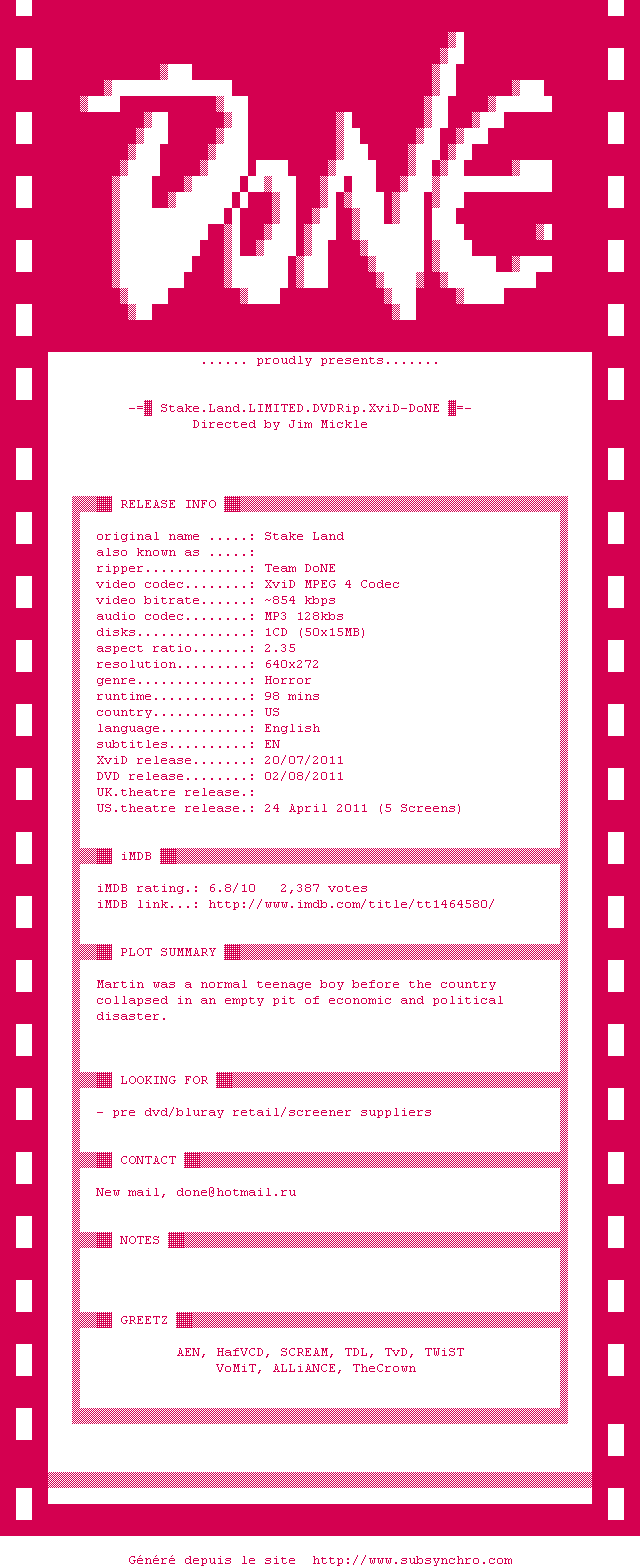 Nfo de la release Stake.Land.LIMITED.DVDRip.XviD-DoNE