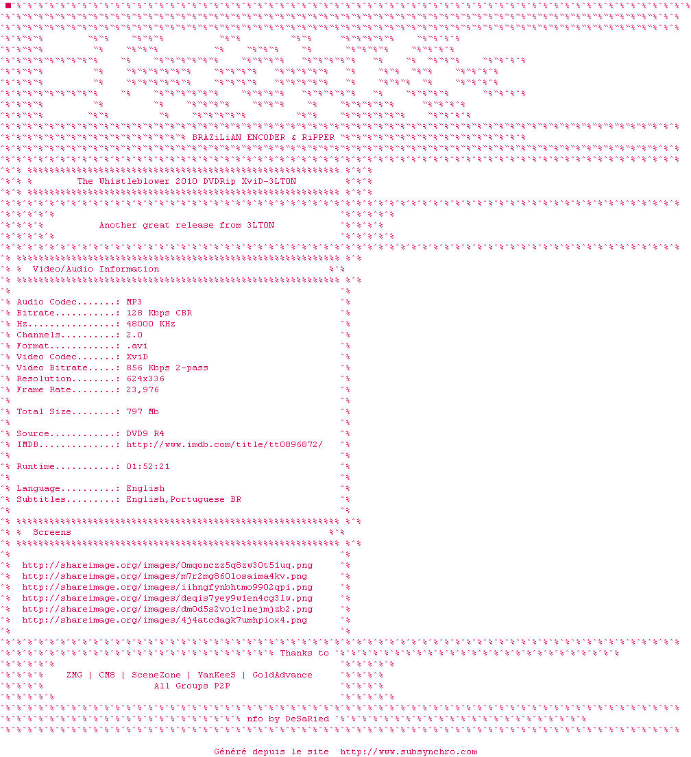 Nfo de la release The.Whistleblower.2010.DVDRip.XviD-3LT0N