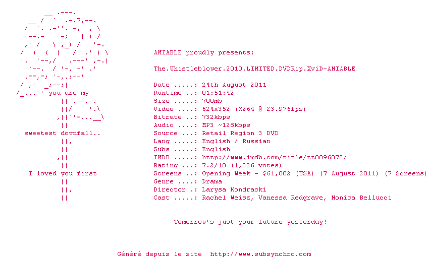 Nfo de la release The.Whistleblower.2010.LIMITED.DVDRip.XviD-AMIABLE