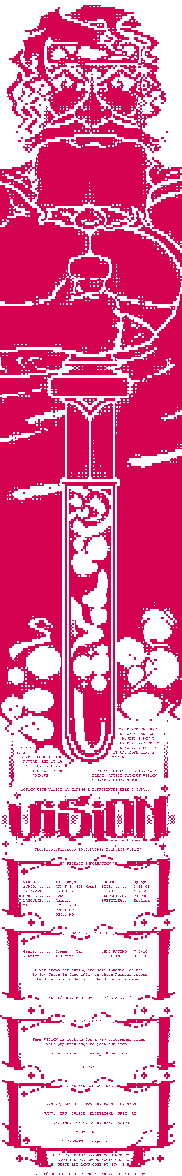 Nfo de la release The.Brest.Fortress.2010.DVDRip.XviD.AC3-ViSiON