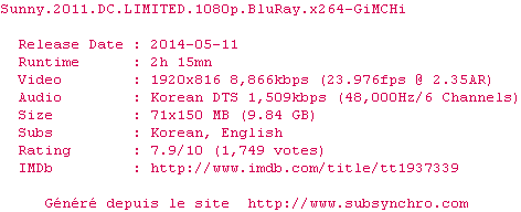 Nfo de la release Sunny.2011.DC.LIMITED.1080p.BluRay.x264-GiMCHi