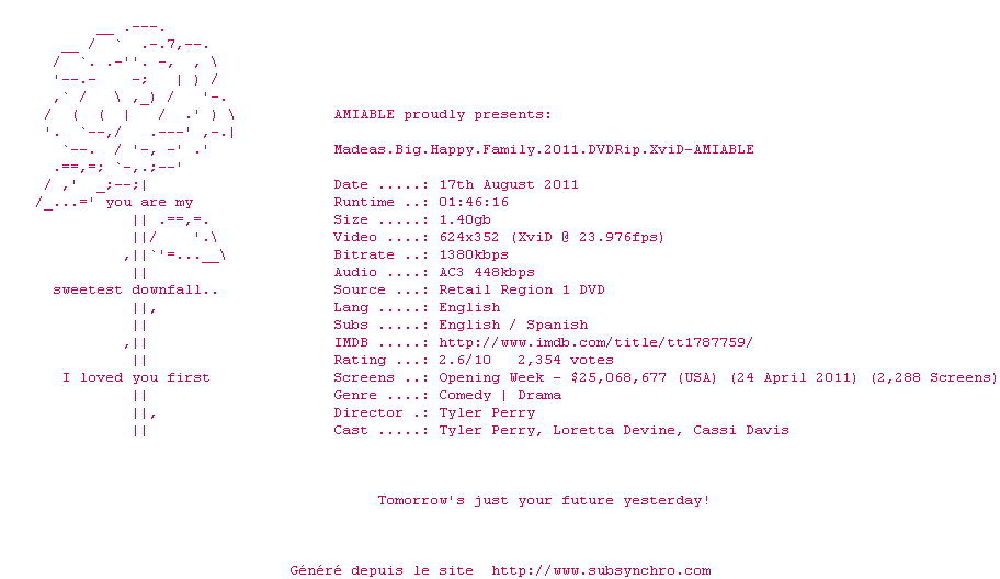 Nfo de la release Madeas.Big.Happy.Family.2011.DVDRip.XviD-AMIABLE