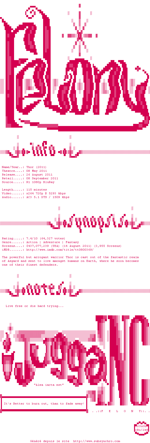 Nfo de la release Thor.2011.720p.BluRay.x264-Felony