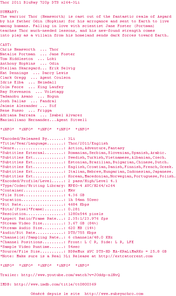 Nfo de la release Thor.2011.BluRay.720p.DTS.x264-3Li