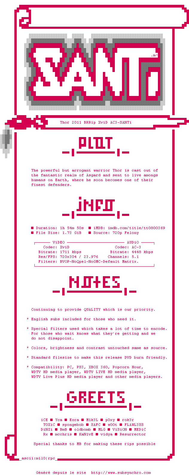 Nfo de la release Thor.2011.BRRip.XviD.AC3-SANTi