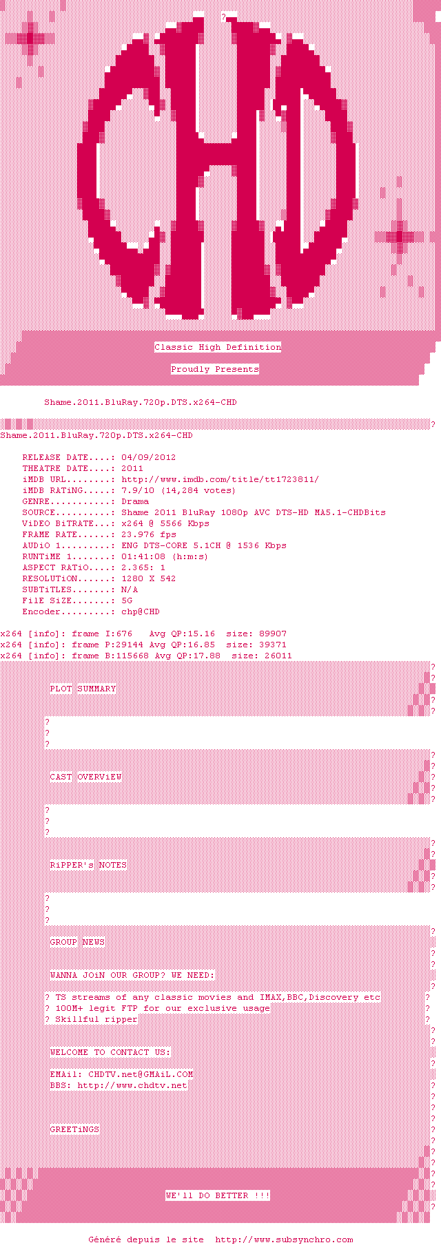 Nfo de la release Shame.2011.BluRay.720p.DTS.x264-CHD