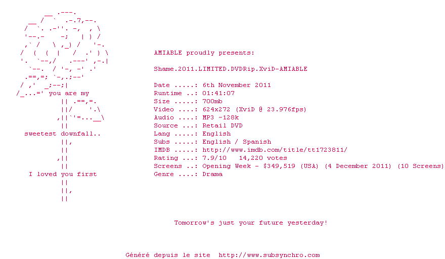 Nfo de la release Shame.2011.LIMITED.DVDRip.XviD-AMIABLE